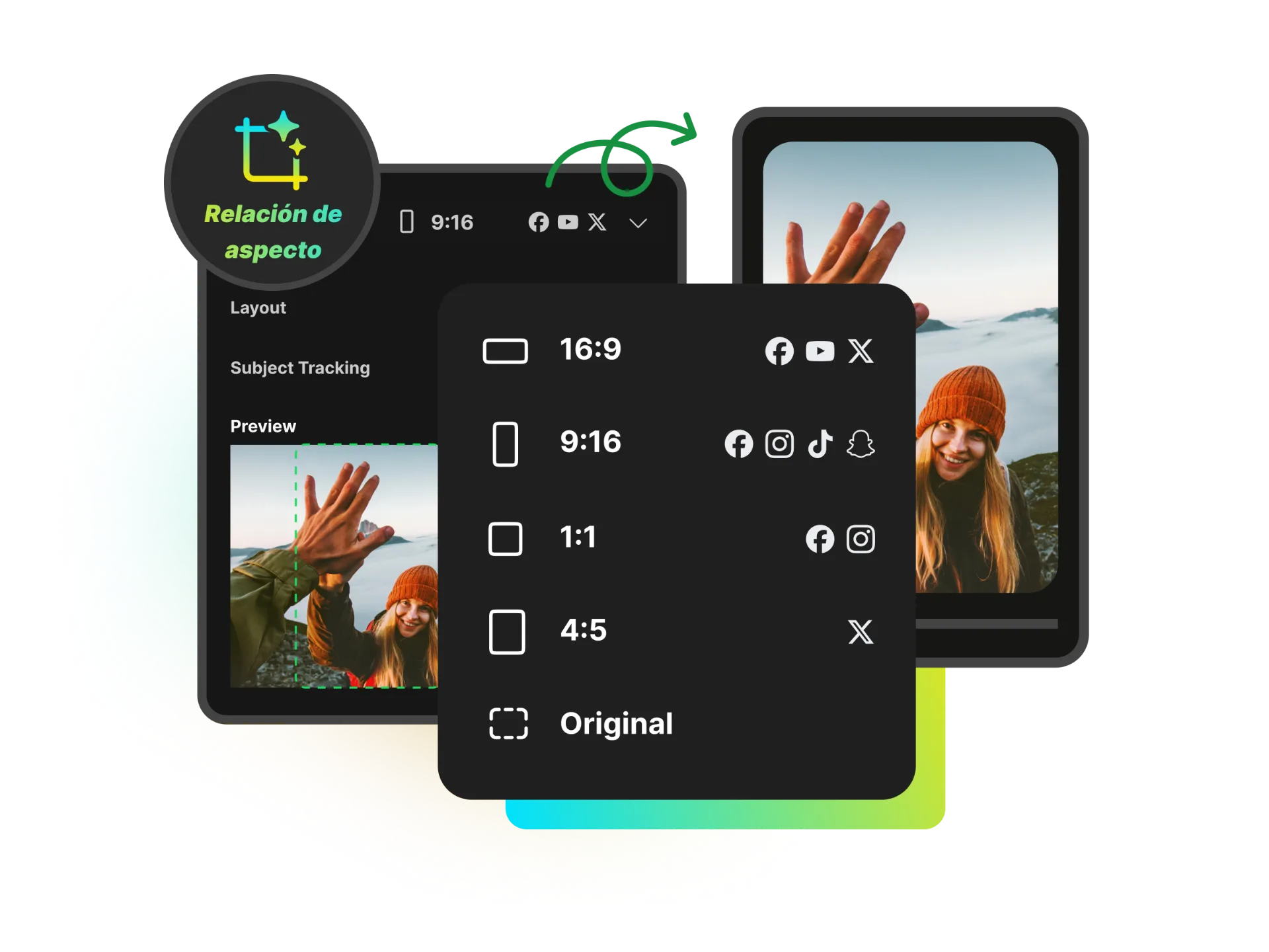 Un video siendo reencuadrado de horizontal a vertical con subtítulos reposicionados automáticamente para diferentes plataformas de redes sociales